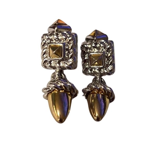 Quality High End Gold & Silver Tone Twisted Rope Design Dangle Earrings Pierced - Picture 1 of 10